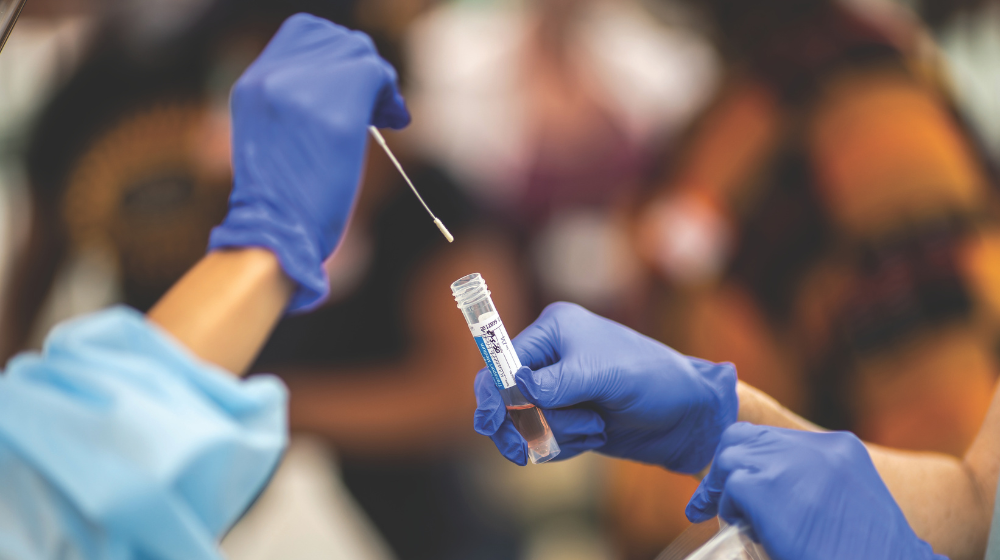 Hands holding a cotton swab and testing tube