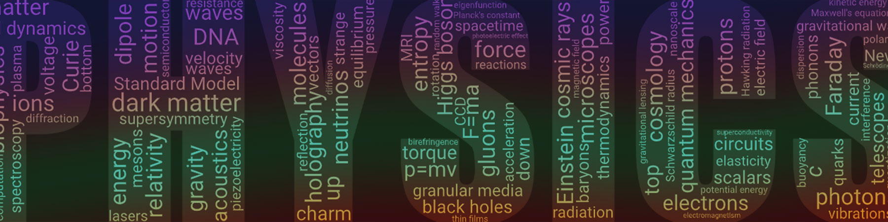 The word physics spelled out with many relevant names, terms, and labels filling the letter forms