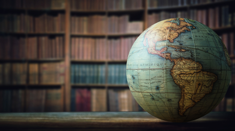 a globe in a library