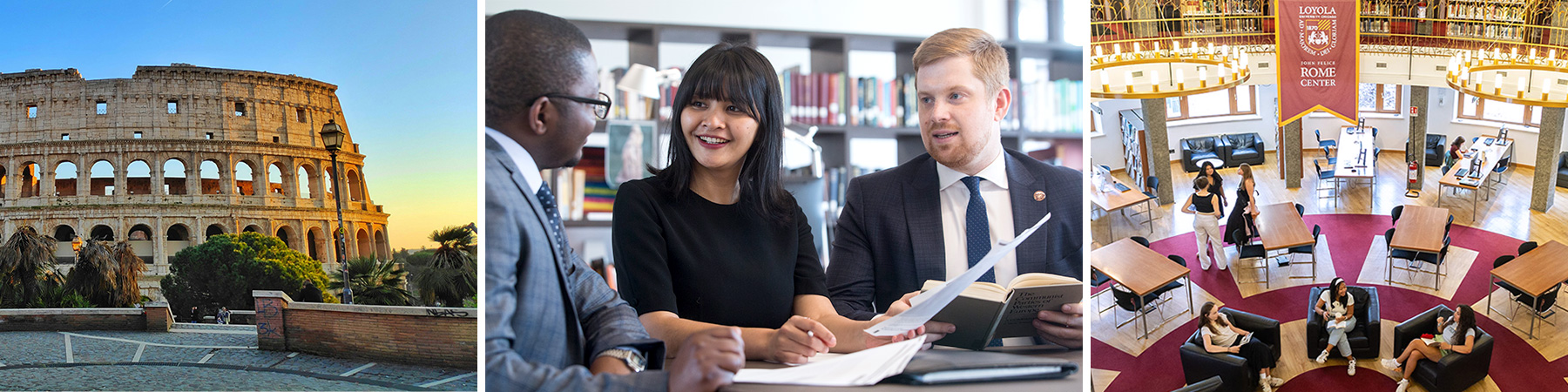 An image comprised of three images. From left to right shows the Colosseum in Rome, three students engaged in conversation in a study area, and an overhead view of the Information Commons of the Rome Center.