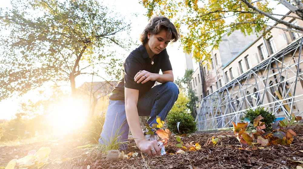 Emma Pierce kneeling in a garden