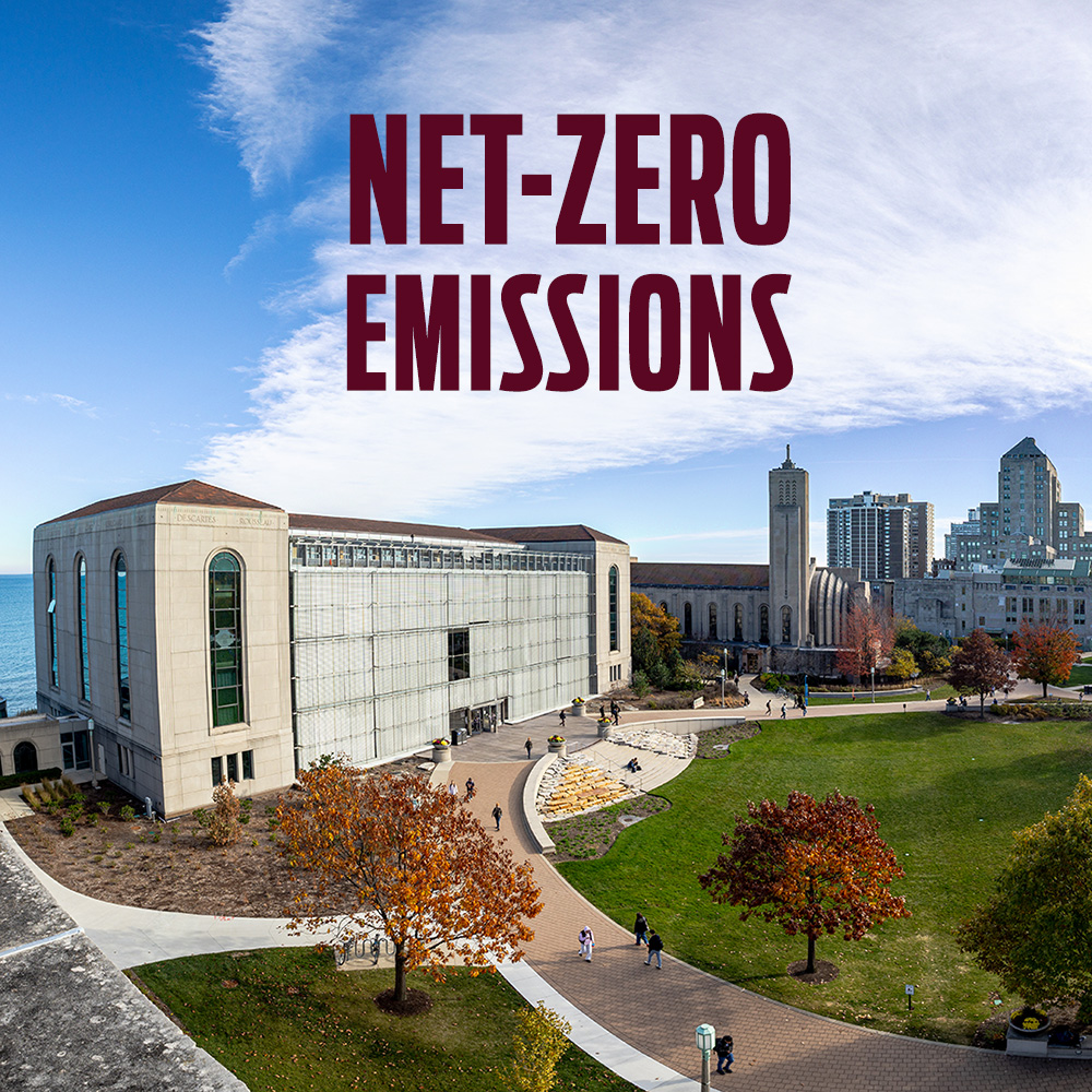 Net Zero Emissions text over an image of lake shore campus